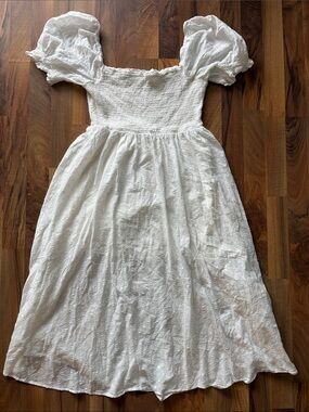 R.YIPOSHA Woman’s XL White Eyelet Puff-Sleeve Midi Dress with Smocked Bodice